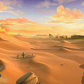 Desert Landscape Sunset View With Sand Dunes Cacti Rocks And Distant Mountains And Colorful Clouds