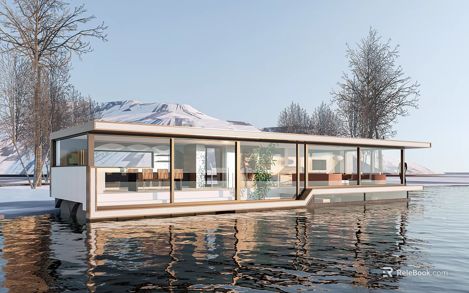 Modern Glass Walled Floating Station With Snowy Mountains Trees And Water Reflections 3d model 