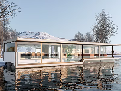 Modern Glass Walled Floating Station With Snowy Mountains Trees And Water Reflections 3d model