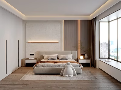 Elegant Modern Bedroom Interior With Upholstered Bed Stuffed Toy And City View Window 3d model