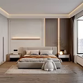 Elegant Modern Bedroom Interior With Upholstered Bed Stuffed Toy And City View Window