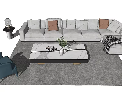 Light Colored Sofa With Pillows And Marble Coffee Table Set With Green Plant Gray Rug 3d model