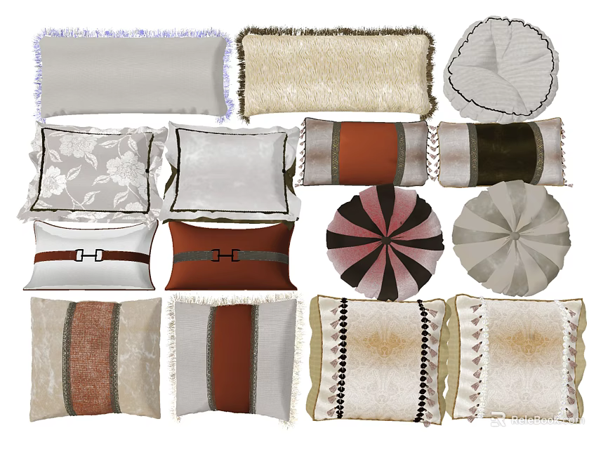 Assorted Decorative Throw Pillows With Fringe Striped And Patterned Designs For Home Decor 3d model 