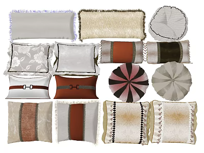 Assorted Decorative Throw Pillows With Fringe Striped And Patterned Designs For Home Decor 3d model