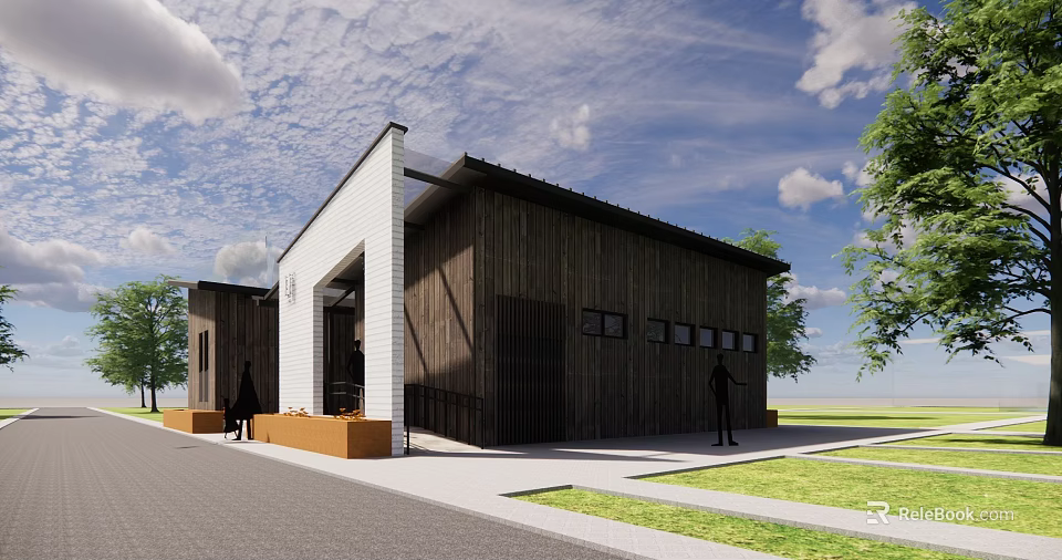 Modern Wooden Building Exterior With White Wall Black Roof Lawn Sidewalk And Trees 3d model 