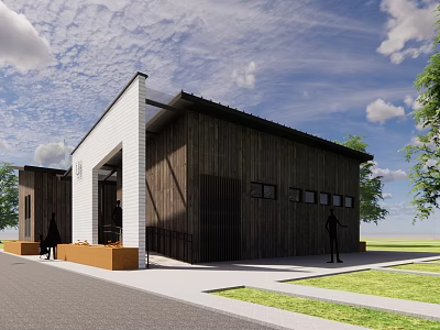 Modern Wooden Building Exterior With White Wall Black Roof Lawn Sidewalk And Trees 3d model