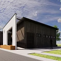 Modern Wooden Building Exterior With White Wall Black Roof Lawn Sidewalk And Trees