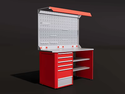 Functional Utility Workbench with Red Cabinet Drawers Pegboard and Open Shelves 3d model