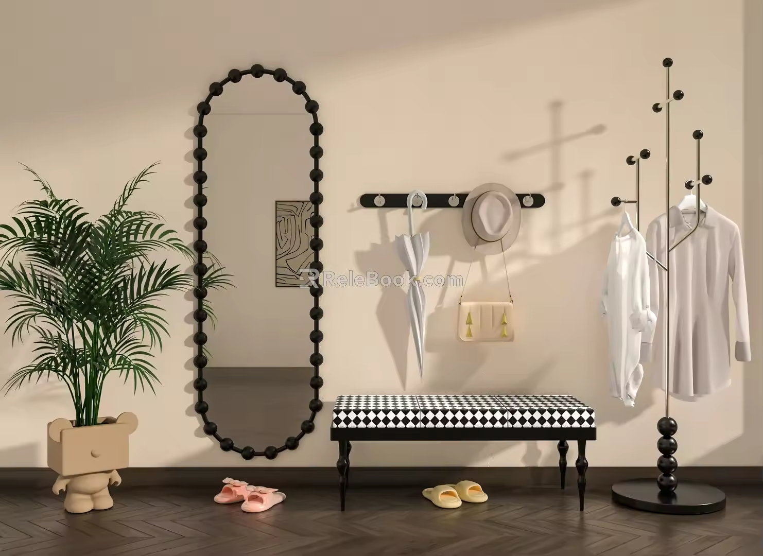 Entrance aisle mirror shoe stool hanger 3d model