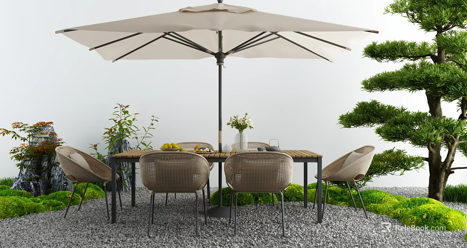 Outdoor Landscape Seats With Umbrella Table And Green Plants In Gravel Setting 3d model 
