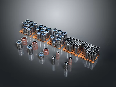 Household Metal Storage Containers Neatly Arranged On Orange Trays With Scattered Units And Shiny Reflections 3d model