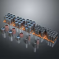 Household Metal Storage Containers Neatly Arranged On Orange Trays With Scattered Units And Shiny Reflections