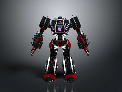 Black Red Silver Mechanical Robot With Spiked Arms Legs And Purple Emblem 3d model