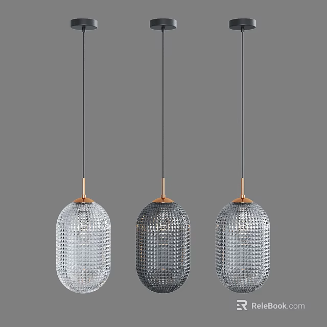 Modern Three Pendant Lights With Brass Base And Grid Patterned Transparent Gray Shades 3d model