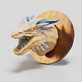 Yellow Dragon Head Sculpture With Circular Wooden Base Open Mouth Sharp Teeth