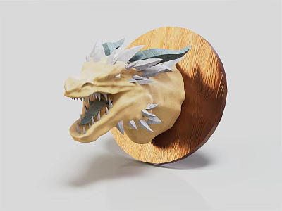 Yellow Dragon Head Sculpture With Circular Wooden Base Open Mouth Sharp Teeth 3d model