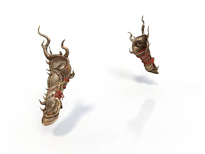 Pair of Ancient Metal Arm Weapons With Decorative Horns And Red Straps 3d model
