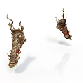Pair of Ancient Metal Arm Weapons With Decorative Horns And Red Straps