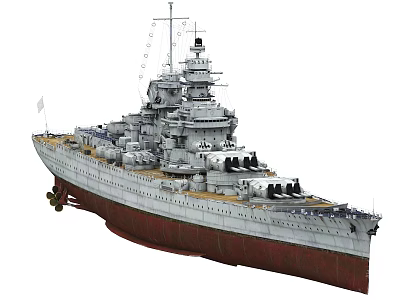 Large Battleship Warship With Gray Red Hull Multiple Turrets And Upper Decks 3d model