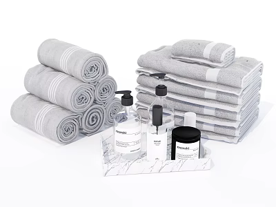 Gray Cotton Towels Rolled And Stacked With Marble Tray And Toiletries 3d model