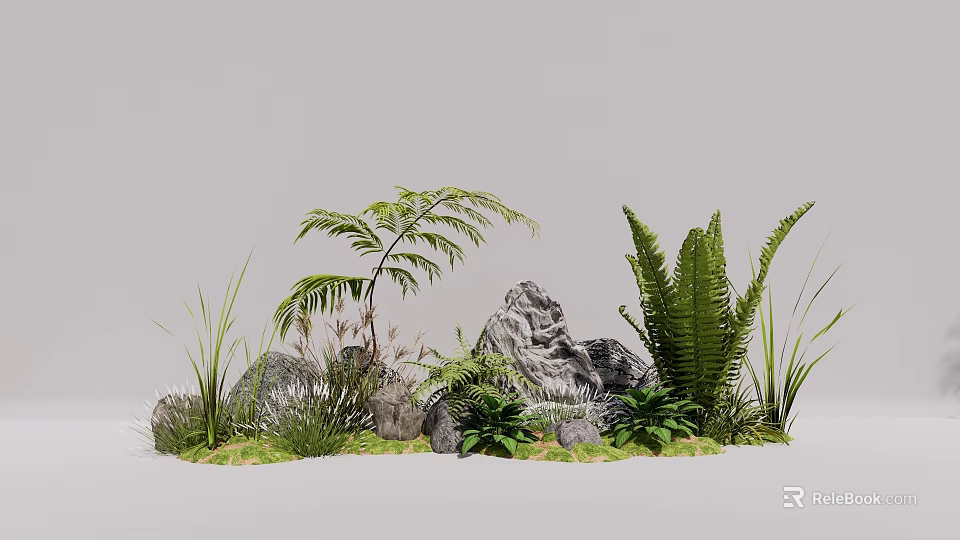 Natural Plant Combination with Ferns Grasses Rocks and Lush Green Foliage 3d model 