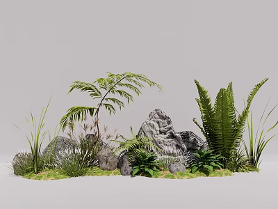 Natural Plant Combination with Ferns Grasses Rocks and Lush Green Foliage 3d model