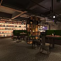Modern Industrial Bar Interior With Brick Walls Wine Shelves And Neon Signs