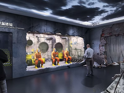 Shanghai Horror House Interior With Orange Clad Figures Yellow Seats Damaged Walls And Visitors 3d model