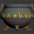 Ornate Cauldron Shaped Sculpture With Blue Interior Ring Handle And Carved Patterns