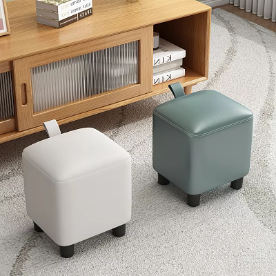 Cozy Living Room Interior With Wooden TV Stand White Green Storage Stools And Carpet 3d model