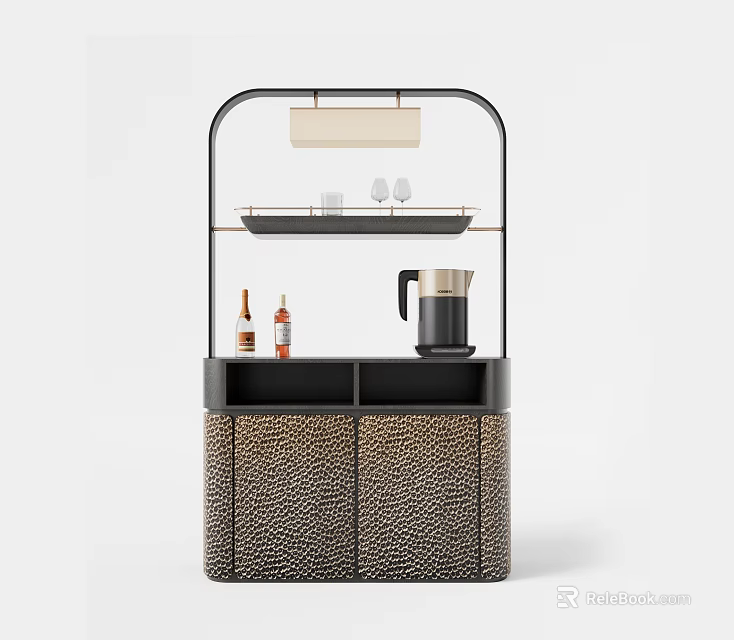Modern Tea Cabinet with Leopard Print Doors Black Metal Frame Glasses Tray and Coffee Maker 3d model 