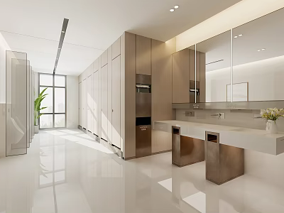 Modern Public Restroom With Spacious Area Bright Sinks And Stylish Mirrors 3d model