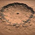 Mars Landscape Featuring Large Crater With Sandy Terrain And Rocky Edges