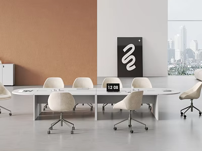 Modern Conference Table With Light Chairs Clock And City Skyline View 3d model