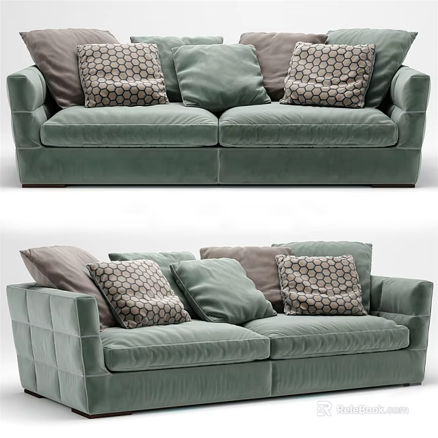 Elegant Green Velvet Two Seater Sofa With Patterned Decorative Pillows 3d model