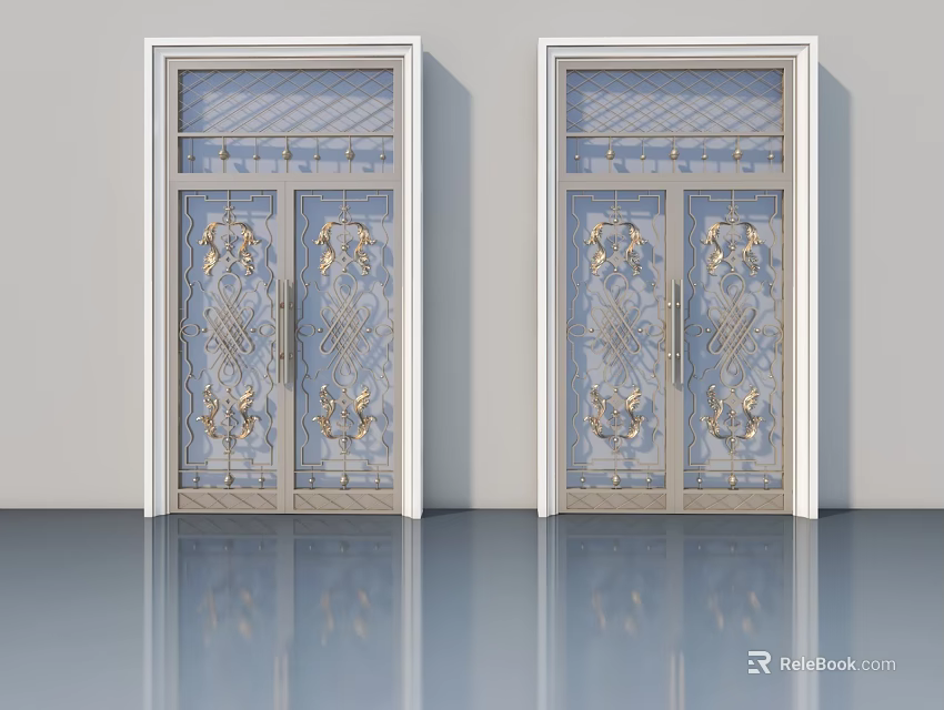 Elegant Swing Doors With Carved Patterns Glass Panels And White Frame 3d model 