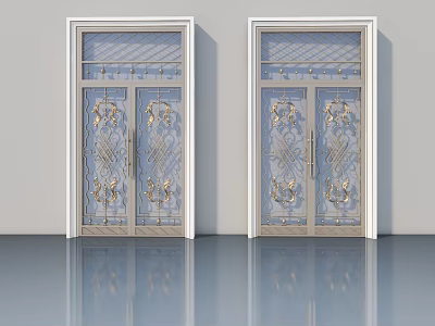 Elegant Swing Doors With Carved Patterns Glass Panels And White Frame 3d model