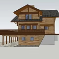 Two Story Wooden Detached Villa With Balcony And Grassland Near Mountains