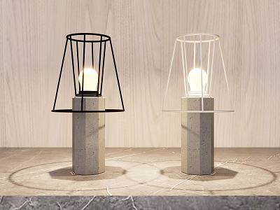 Modern Table Lamps With Concrete Base And Black White Cage Shades On Wooden Background 3d model