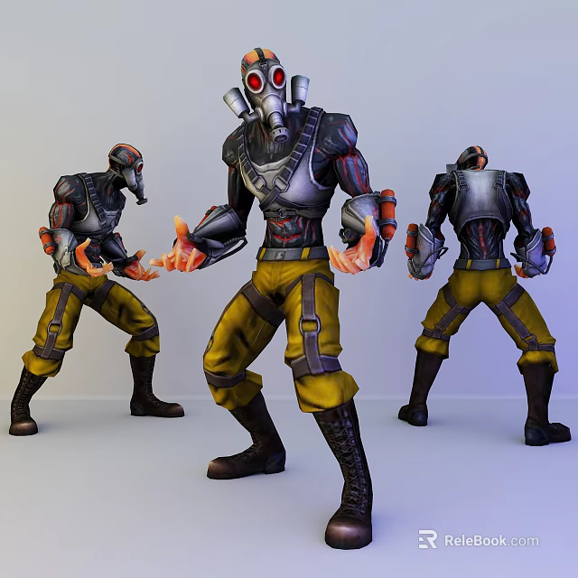 3D Game Movie Character Different Angles Gas Mask Red Goggles Silver Black Armor Yellow Pants 3d model 