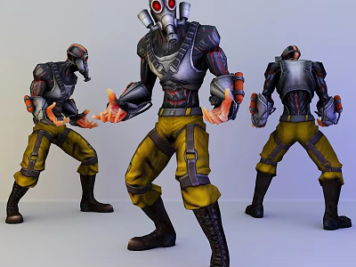 3D Game Movie Character Different Angles Gas Mask Red Goggles Silver Black Armor Yellow Pants 3d model