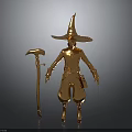 Golden Wizard Statue With Scythe Shaped Staff And Robe Details