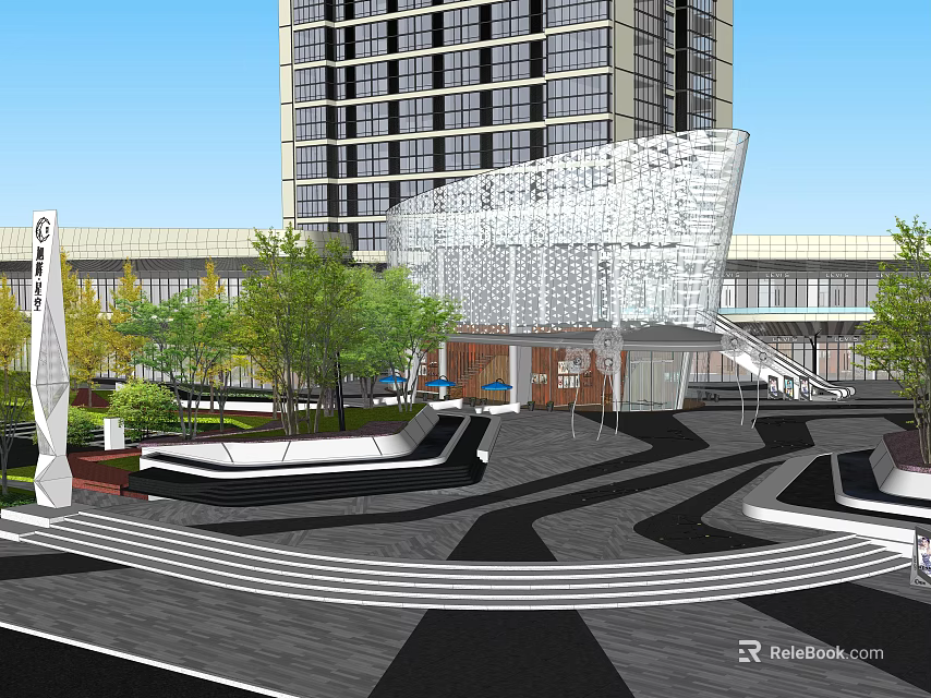 Modern Plaza Landscape Design With High Rise Building Curved Walkways Trees And Seating 3d model 
