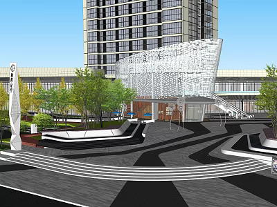 Modern Plaza Landscape Design With High Rise Building Curved Walkways Trees And Seating 3d model