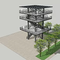 Modern Tower With Multiple Platforms Spiral Staircase Surrounding Trees And Paved Ground