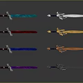 Colorful Decorative Swords with Vibrant Blades and Ornate Metallic Hilts