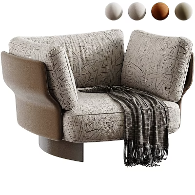 Modern Single Sofa With Beige Textured Fabric Brown Armrests And Throw Blanket 3d model