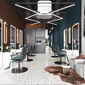 Modern Style Hair Salon With Mirrored Barber Chairs Blue Brown Walls White Sofa Geometric Lights