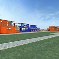 Modern Container Building With Blue Orange Containers Large Windows And Outdoor Seating 3d model