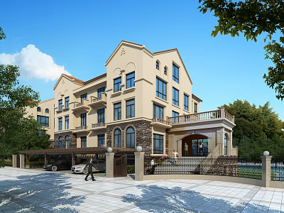 Elegant Multi Story Townhouse With Beige Exterior Balconies Arched Windows And Green Trees 3d model